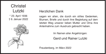 Traueranzeige von Christel Lutzki von Siegener Zeitung