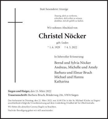 Traueranzeige von Christel Nöcker von Siegener Zeitung