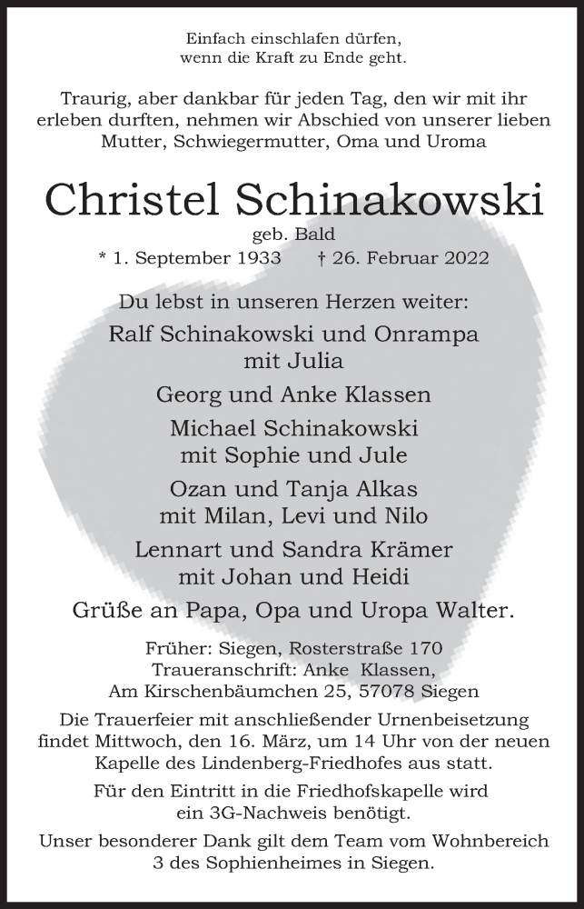  Traueranzeige für Christel Schinakowski vom 11.03.2022 aus Siegener Zeitung