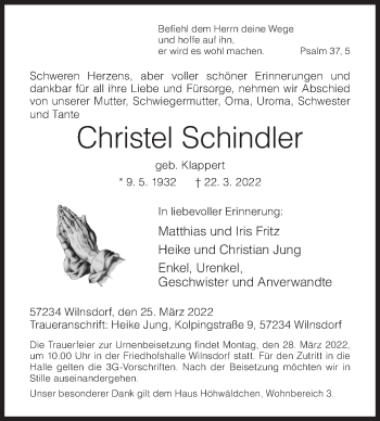 Traueranzeige von Christel Schindler von Siegener Zeitung