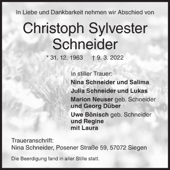 Traueranzeige von Christoph Sylvester Schneider von Siegener Zeitung