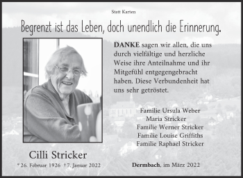 Traueranzeige von Cilli Stricker von Siegener Zeitung