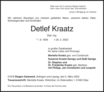 Traueranzeige von Detlef Kraatz von Siegener Zeitung