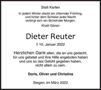 Traueranzeige von Dieter Reuter von Siegener Zeitung