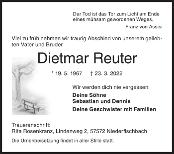 Traueranzeige von Dietmar Reuter von Siegener Zeitung