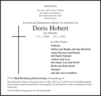 Traueranzeige von Doris Hobert von Siegener Zeitung