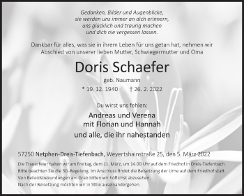 Traueranzeige von Doris Schaefer von Siegener Zeitung