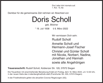 Traueranzeige von Doris Scholl von Siegener Zeitung