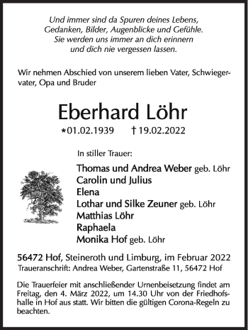 Traueranzeige von Eberhard Löhr von Siegener Zeitung