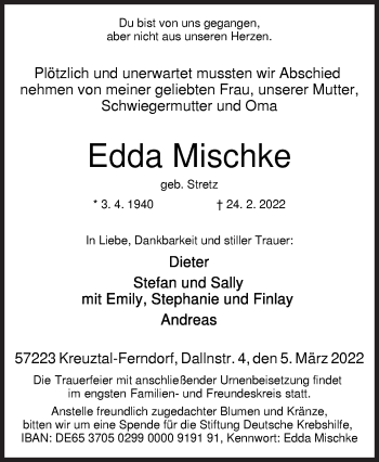 Traueranzeige von Edda Mischke von Siegener Zeitung