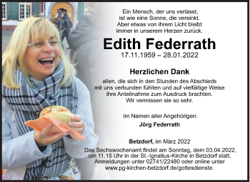 Traueranzeige von Edith Federrath von Siegener Zeitung