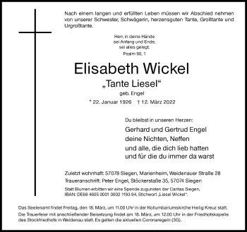 Traueranzeige von Elisabeth Wickel von Siegener Zeitung