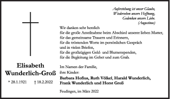 Traueranzeige von Elisabeth Wunderlich-Groß von Siegener Zeitung
