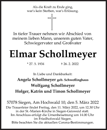 Traueranzeige von Elmar Schollmeyer von Siegener Zeitung