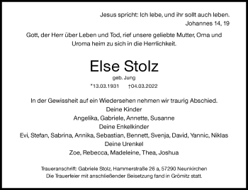 Traueranzeige von Else Stolz von Siegener Zeitung