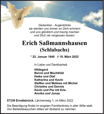 Traueranzeige von Erich Saßmannshausen von Siegener Zeitung