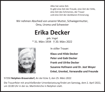 Traueranzeige von Erika Decker von Siegener Zeitung