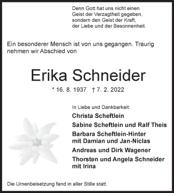 Traueranzeige von Erika Schneider von Siegener Zeitung