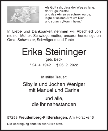 Traueranzeige von Erika Steinfinger von Siegener Zeitung
