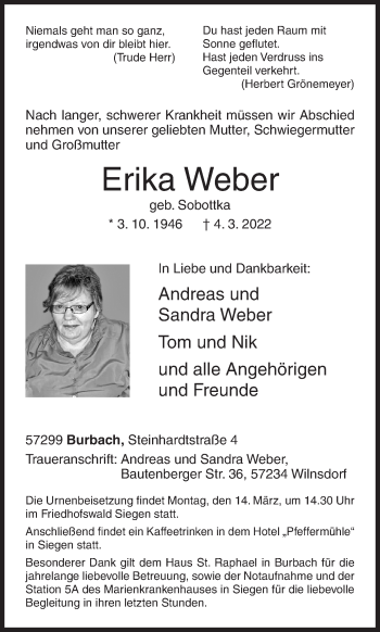 Traueranzeige von Erika Weber von Siegener Zeitung