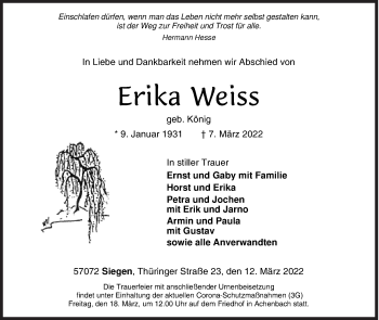 Traueranzeige von Erika Weiss von Siegener Zeitung