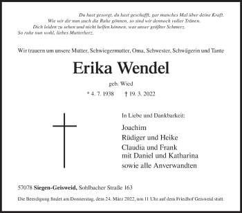 Traueranzeige von Erika Wendel von Siegener Zeitung