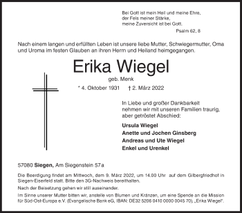 Traueranzeige von Erika Wiegel von Siegener Zeitung
