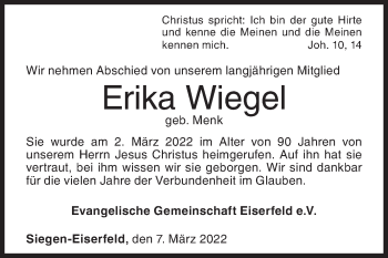 Traueranzeige von Erika Wiegel von Siegener Zeitung