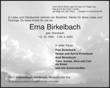 Traueranzeige von Erna Birkelbach von Siegener Zeitung