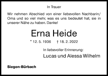 Traueranzeige von Erna Heide von Siegener Zeitung