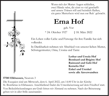 Traueranzeige von Erna Hof von Siegener Zeitung