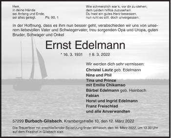 Traueranzeige von Ernst Edelmann von Siegener Zeitung