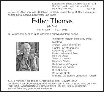 Traueranzeige von Esther Thomas von Siegener Zeitung