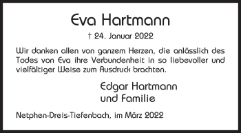 Traueranzeige von Eva Hartmann von Siegener Zeitung