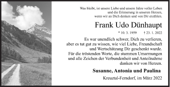 Traueranzeige von Frank Udo Dünhaupt von Siegener Zeitung
