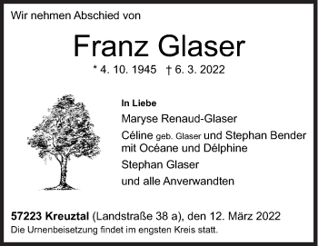 Traueranzeige von Franz Glaser von Siegener Zeitung