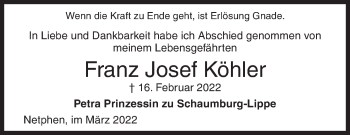 Traueranzeige von Franz Josef Köhler von Siegener Zeitung
