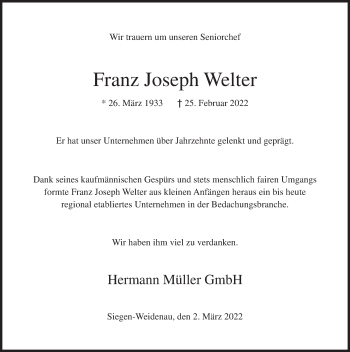 Traueranzeige von Franz Joseph Welter von Siegener Zeitung