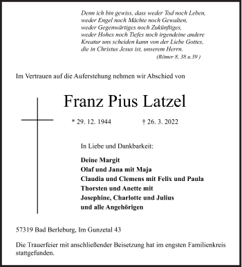Traueranzeige von Franz Pius Latzel von Siegener Zeitung
