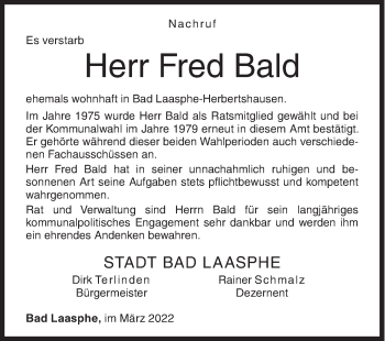 Traueranzeige von Fred Bald von Siegener Zeitung