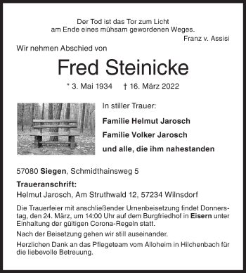 Traueranzeige von Fred Steinicke von Siegener Zeitung