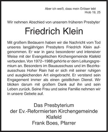 Traueranzeige von Friedrich Klein von Siegener Zeitung