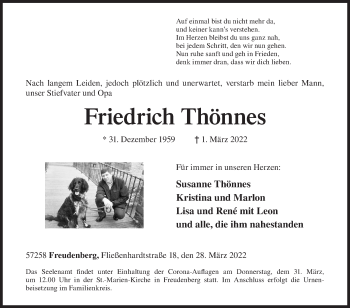 Traueranzeige von Friedrich Thönnes von Siegener Zeitung