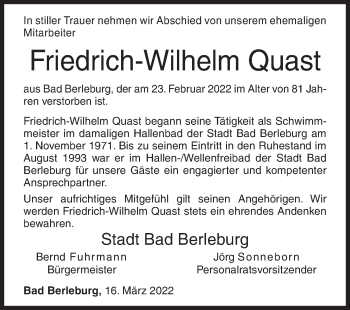 Traueranzeige von Friedrich-Wilhelm Quast von Siegener Zeitung