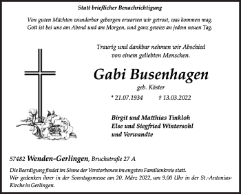Traueranzeige von Gabi Busenhagen von Siegener Zeitung