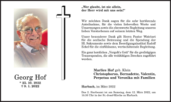Traueranzeige von Georg Hof von Siegener Zeitung
