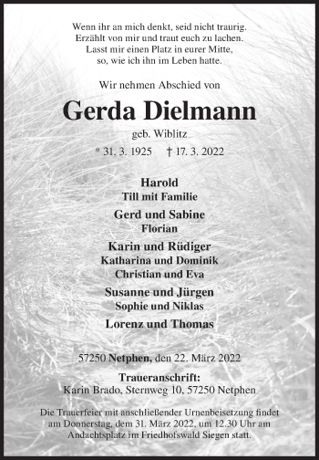 Traueranzeige von Gerda Dielmann von Siegener Zeitung