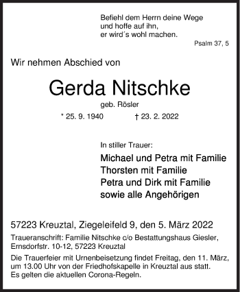 Traueranzeige von Gerda Nitschke von Siegener Zeitung