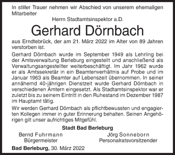 Traueranzeige von Gerhard Dörnbach von Siegener Zeitung