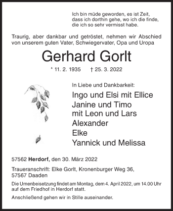 Traueranzeige von Gerhard Gorlt von Siegener Zeitung